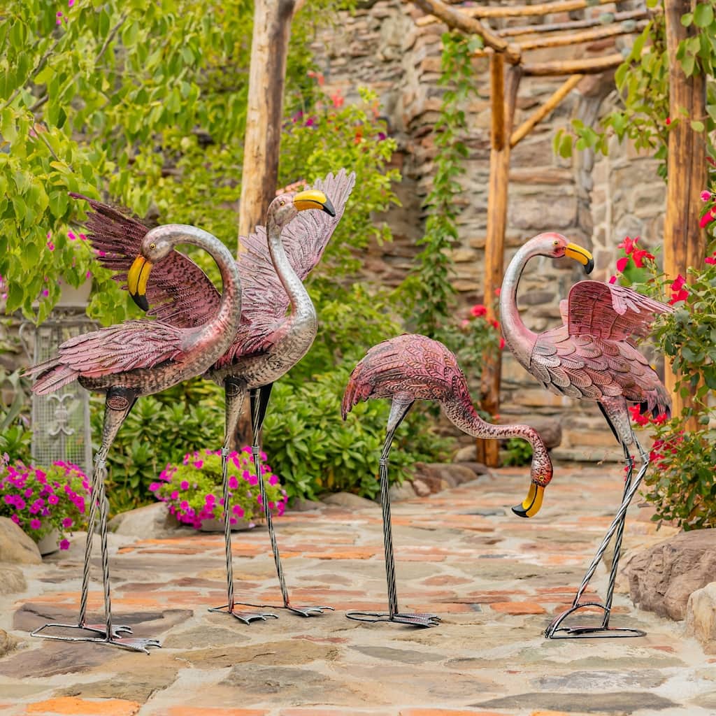 Set of 4 Metallic Pink Flamingo Garden Figurines