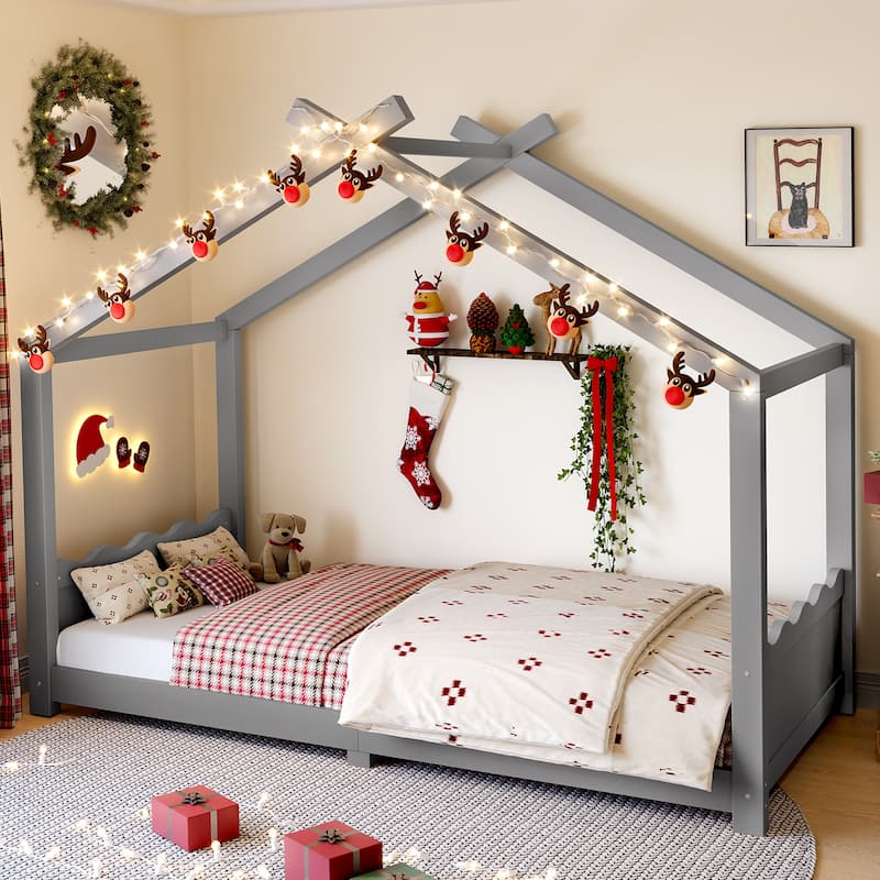 Roomfitters House Floor Bed with Support Slats, Solid Wood Open Frame Design