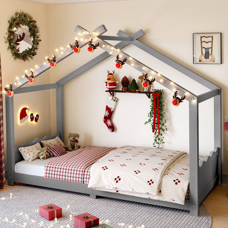 Wood House Bed Floor Bed with Support Slats Montessori Bed