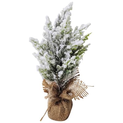 Heavily Flocked Pine Tree in Burlap Base Christmas Decoration - 9.5"