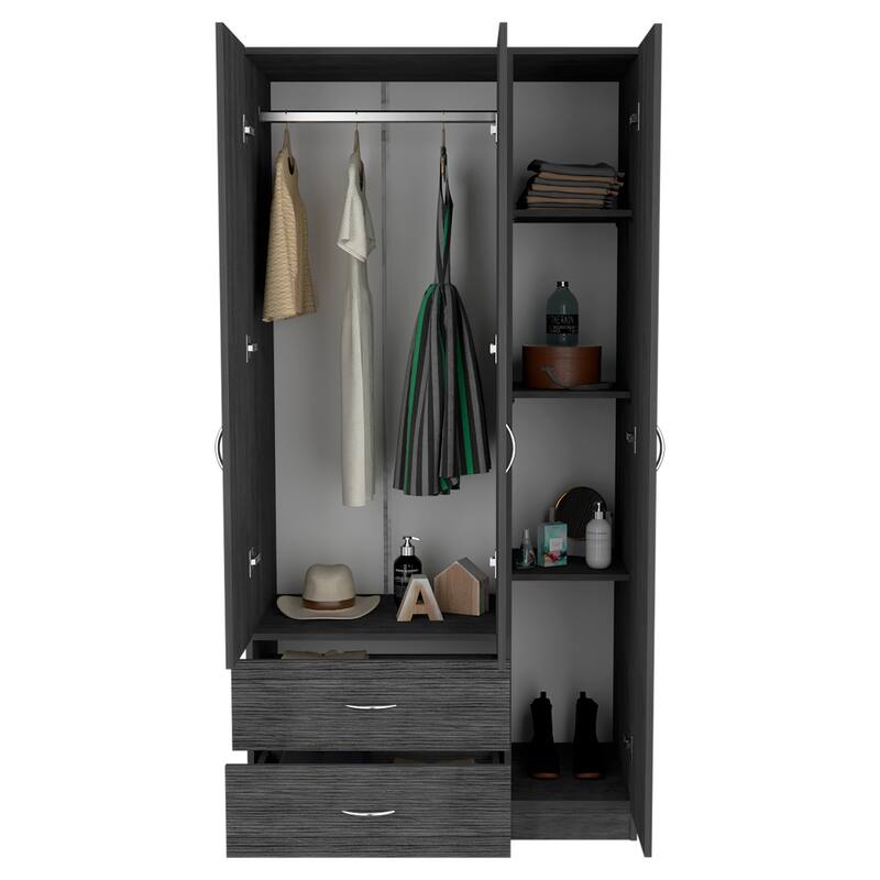 35.4" Modern Three-door Armoire with Two Drawers, Shelves and Hanging Rod