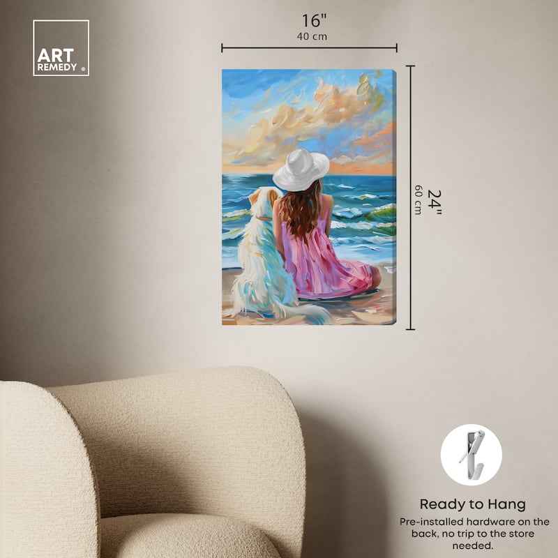 Art Remedy Girl And Her Best Friend Gallery Wrapped Colorful Coastal 1 Piece Canvas Wall Art