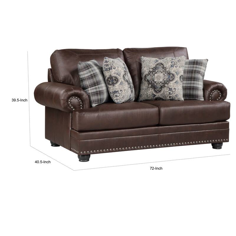 Jade 72 Inch Loveseat, Rich Brown Microfiber, 4 Pillows Soft Cushions, Wood
