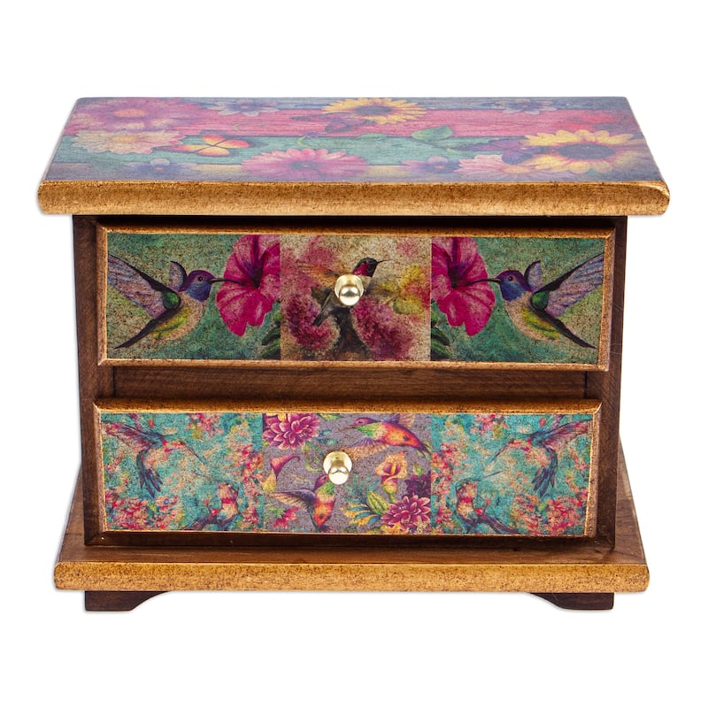 Novica Handmade Floral Hummingbirds Decoupage Jewelry Box