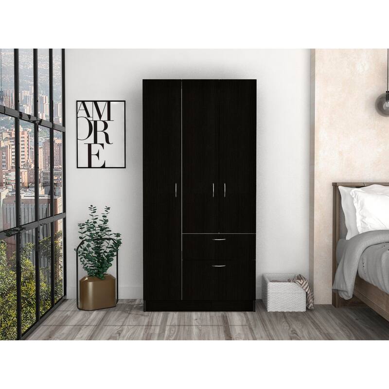 18.5" Modern Three-door Armoire with Spacious Drawer and Hanging Rod for Bedroom