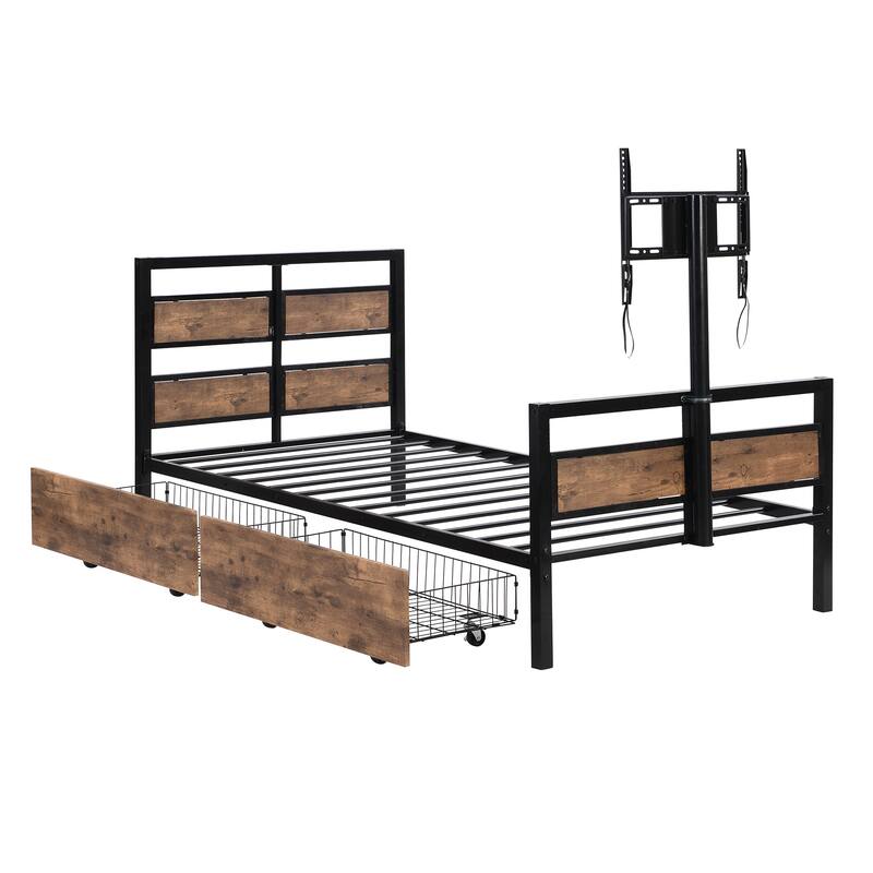Twin Size Metal Platform Bed with Drawers and Rotatable TV Stand