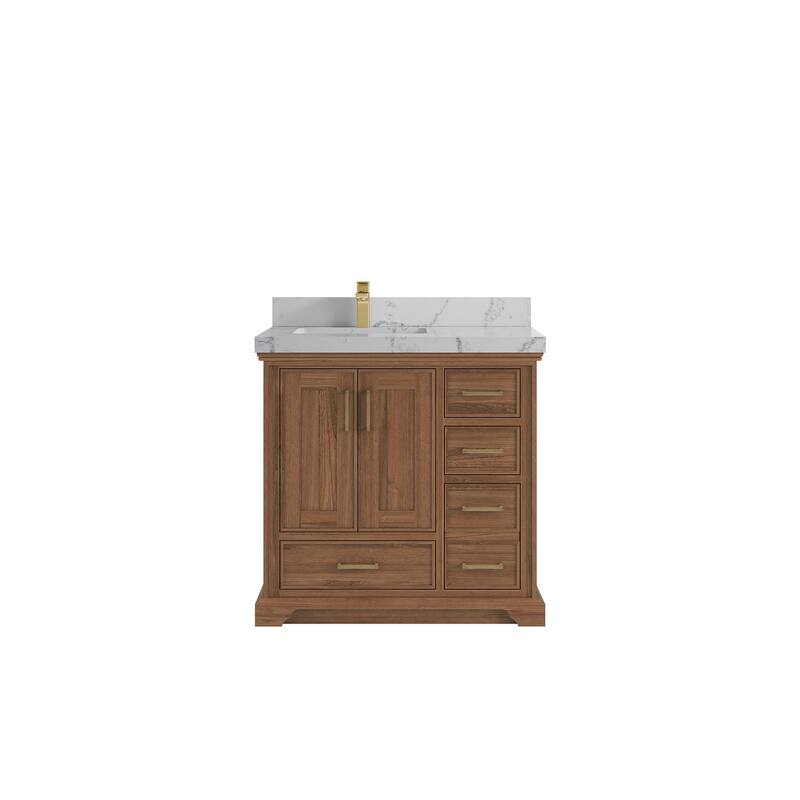 Willow Collections 36 in. W x 22 in. D Charlotte Teak Left Offset Sink Bathroom Solid Teak Vanity with Countertop - 2”Venatino - Dark Natural
