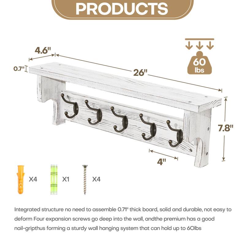 5/8 Metal Hooks Rustic Wall Mounted Coat Rack w/ Storage Shelf