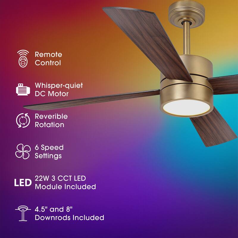 52" Black/ Distressed Brass Dimmable RGB Smart Ceiling Fan with Light and Remote, App Control