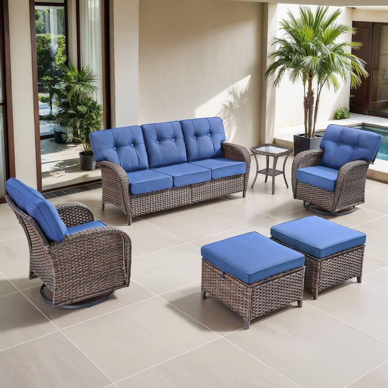 Gymojoy 6-Piece Outdoor Wicker Patio Furniture Set, 5" Thick Cushioned Rattan Set with Swivel Chairs & Ottomans