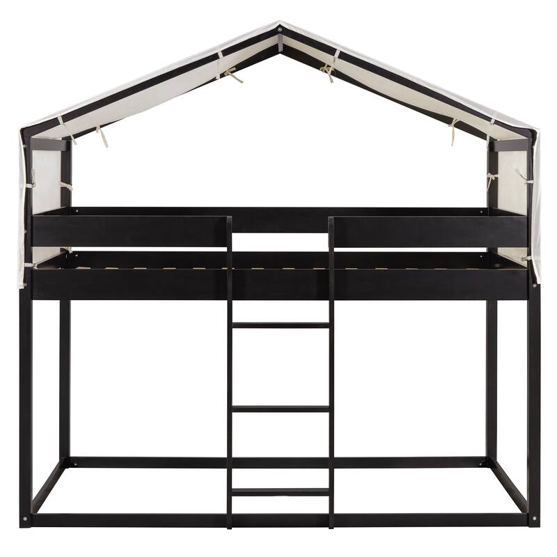 Twin Over Twin Wood Bunk Bed with Play Tent and Espresso Solid Wood, 250lb Capacity, Fun House Design for Kids