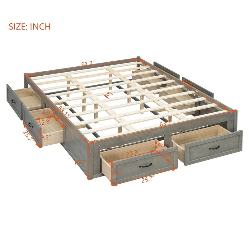 Queen Size MDF Platform Bed with 6 Storage Drawers and 400lb Weight Capacity