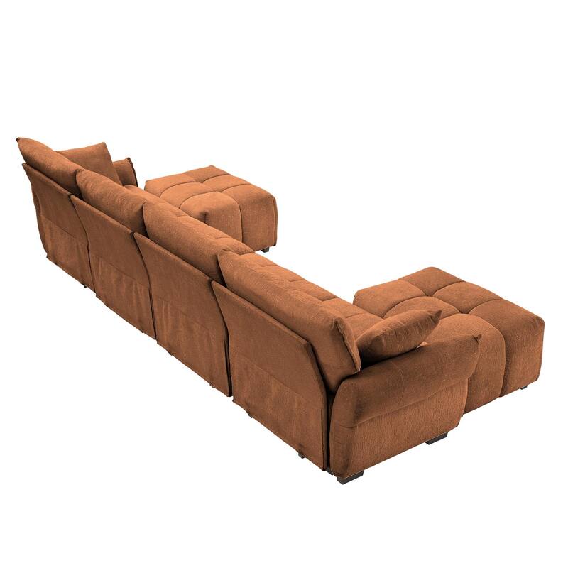 141.7" Chenille 4-Seater Sofa Set with 2 Ottomans, Solid Wood Frame and High-Resilience Cushions