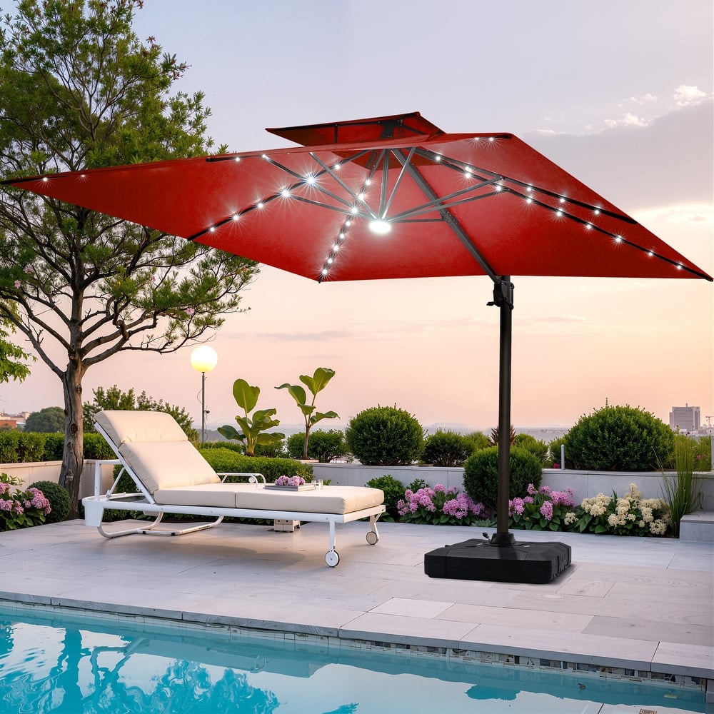 Pellebant 9x11FT Outdoor Dual Top Cantilever Patio Umbrella LED Light with Wheel Base