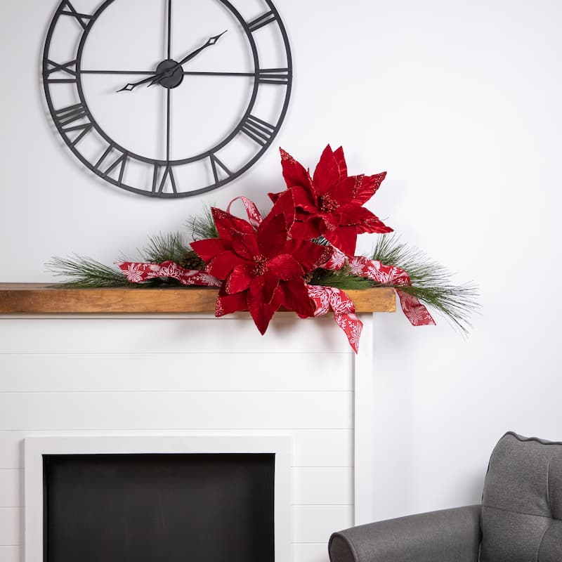24" Red Velvet Glittered Poinsettia Christmas Floral Pick - 24