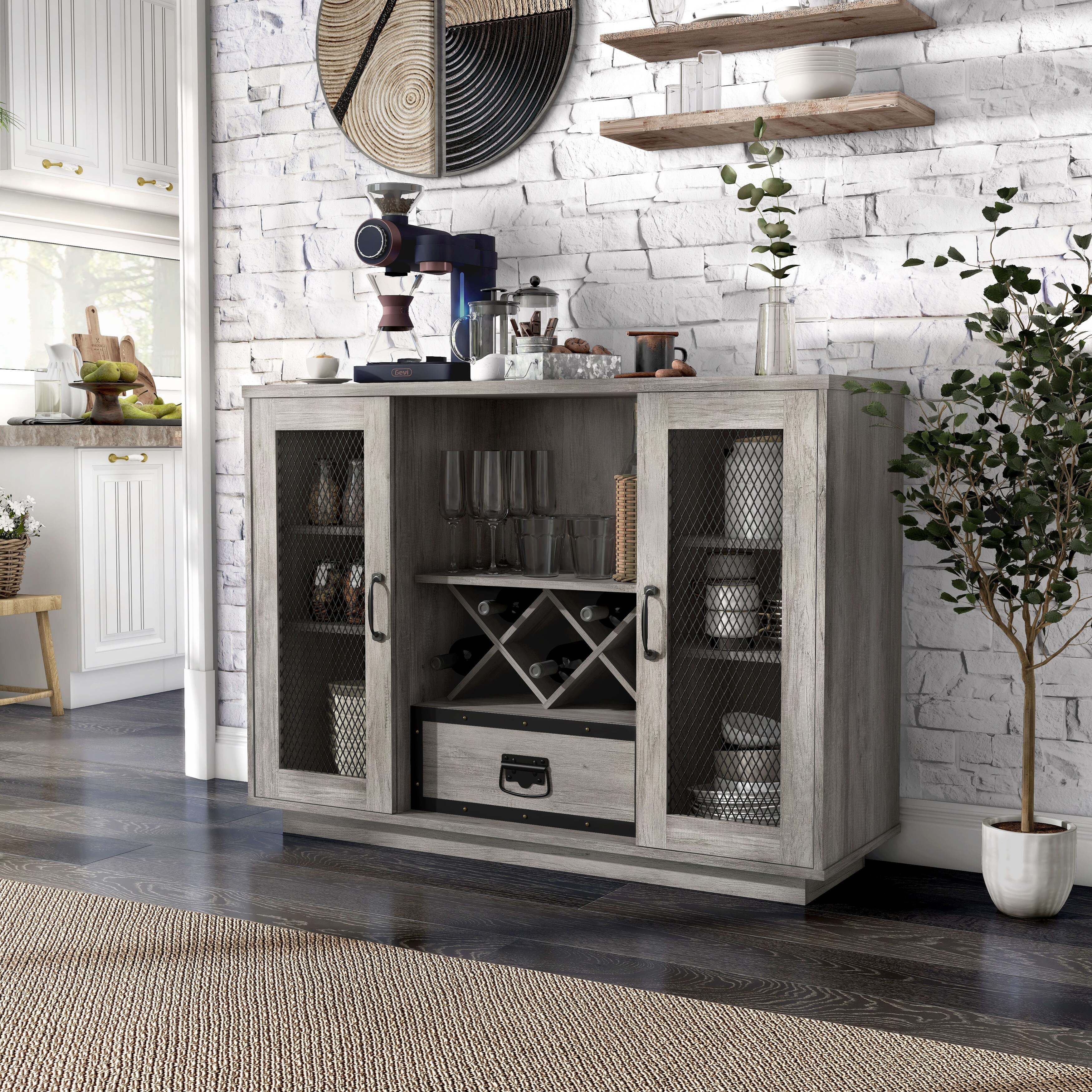 DH BASIC Industrial 7-shelf Buffet with Wine Bottle Storage
