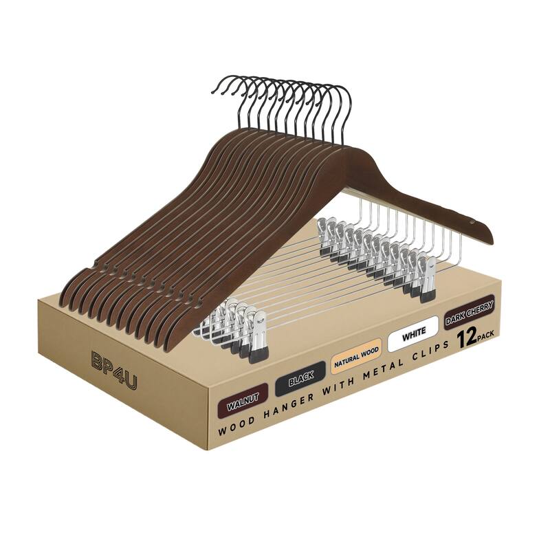 BP4U Solid Wood Hangers with Adjustable Metal Clips, Wooden Hangers for Coats, Jackets, Pants, Dresses, Skirts, and Suits - 12-Pack - Walnut
