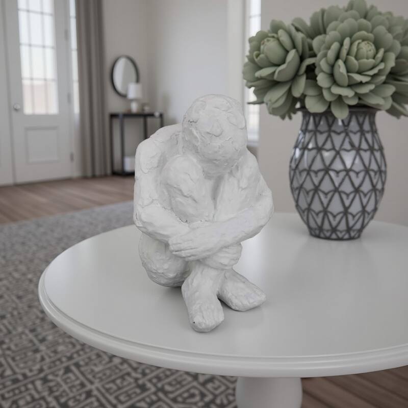 Roy Abstract Contemplative Man Figurine, White Resin Art 15 Inch