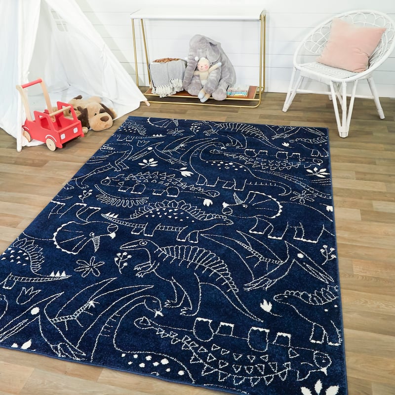 Mod-Tod Parker Dinosaur Kids Area Rug - 5'3" x 7' - Navy