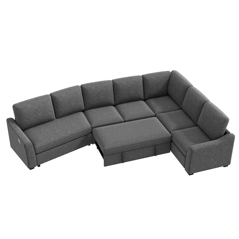 129.5" Sectional Sleeper Sofa with Pull-Out Bed Modern L-Shape Couch Bed with USB Charging Port