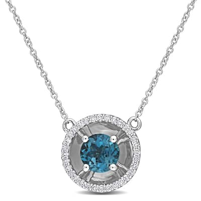 Miadora London-Blue Topaz and 1/6ct TDW Diamond Halo Station Necklace in 10k White Gold