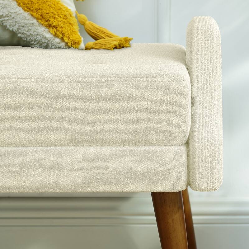 Modern living room bench, made of looped yarn fabric, with soft cushion, irregular geometric armrests