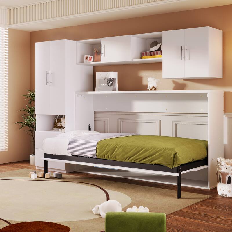 Twin Size Murphy Bed with Open Shelves, Storage Drawers & Wardrobe