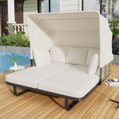 57" Outdoor Patio Daybed Rattan, Outdoor Sunbed for Patio, Backyard, Pool, Beige