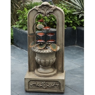 Arched 40.35-Inch H Cement Urn with Metal Flowers Outdoor Fountain - 40.35" Hx 18.11" W x 11.42" D