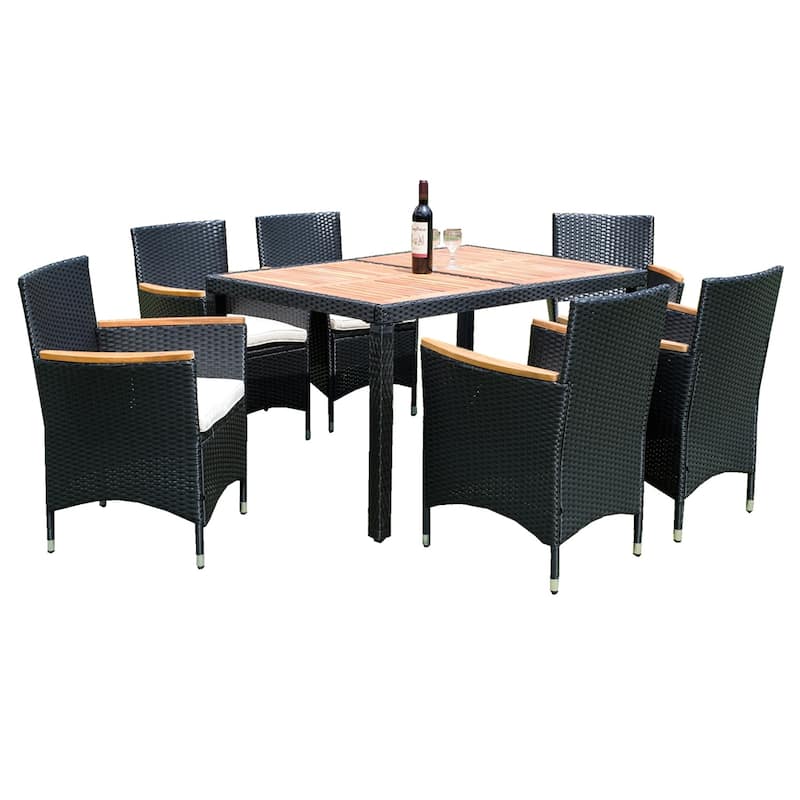 Outdoor Garden Black Wicker Dining Set with Acacia Wood Top, Cushions