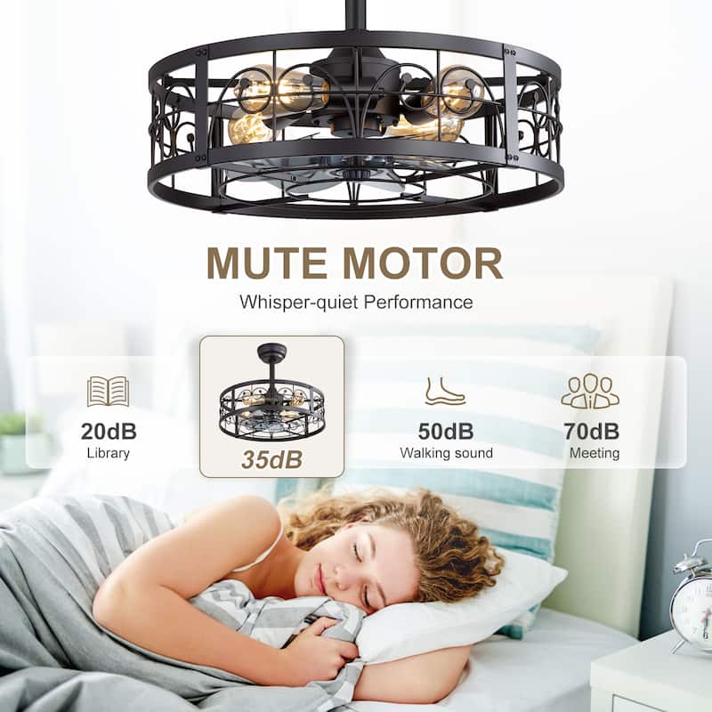 20" Matte Black Metal Caged Ceiling Fan with Light and Remote(7-Blade)