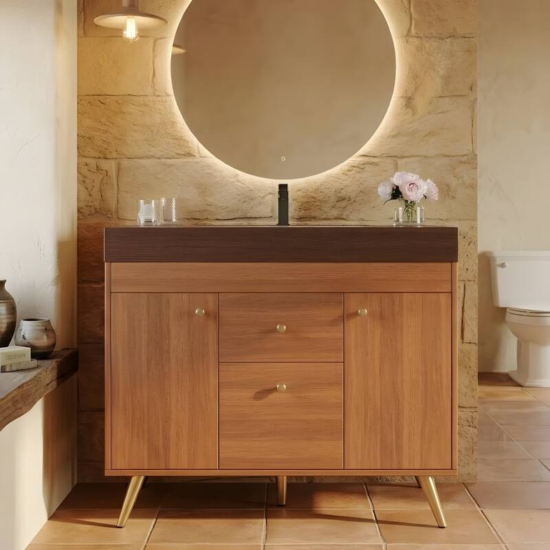 36" Modern Freestanding Bathroom Vanity with Sintered Stone Top, Ceramic Sink & Smart Storage
