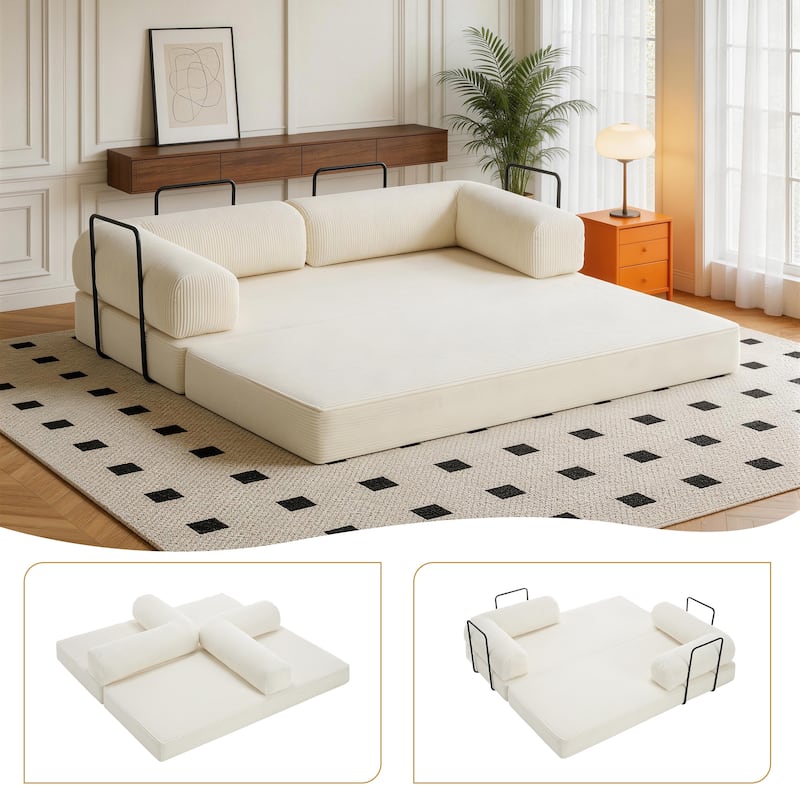Set of 2 Corduroy Fully Compressed Convertible Sleeper Sofa with Metal Frame