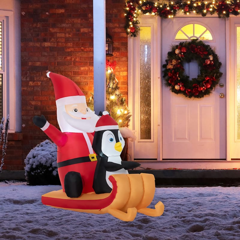 Outsunny 5ft Inflatable Christmas Santa Claus and Penguin, Blow-Up LED Display - Red/Black - Polyester