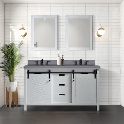 Marsyas 60 in W x 22 in D White Double Bath Vanity, Grey Quartz Countertop and 24 in Mirrors