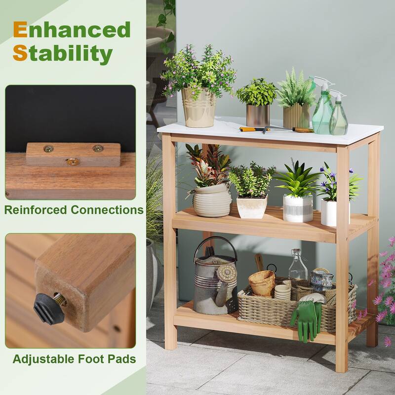 Gymax 3-Tier Patio Garden Potting Bench Table w/ Acacia Wood 2 Slatted