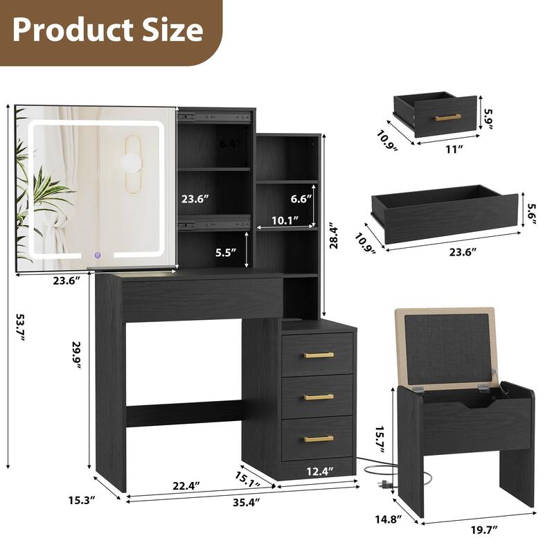 Modern Makeup Vanity with Sliding Mirror, 4 Drawers & 7 Shelves, 3 Light Colors, Charging Port & Stool Set