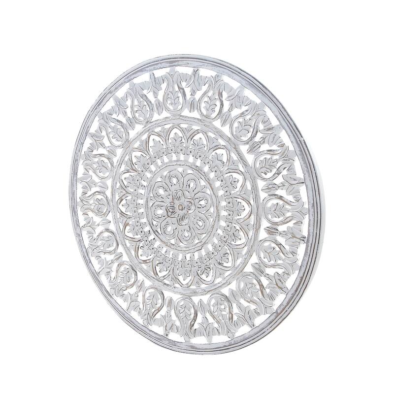 White Wood Handmade Intricately Carved Round Mandala Floral Home Wall Decor