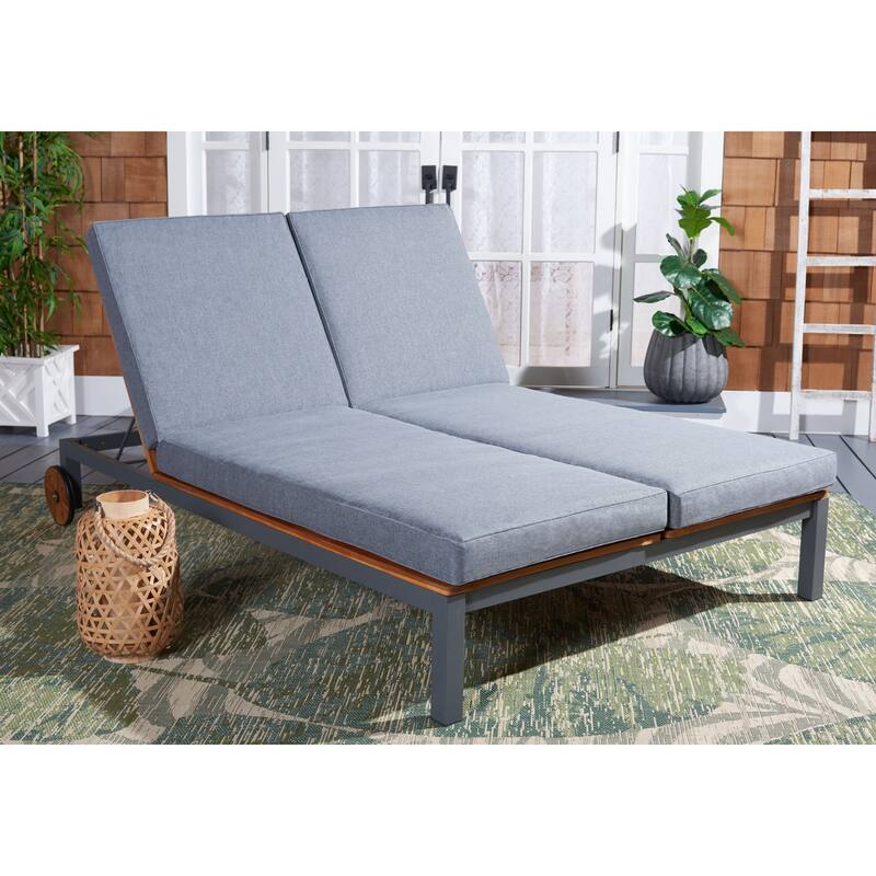 SAFAVIEH Outdoor Francka Adjustable Double Lounge Chair with Side Table - 83 In. W x 52 In. D x 15.8 In H - 83Wx52Dx16H - Dark Grey