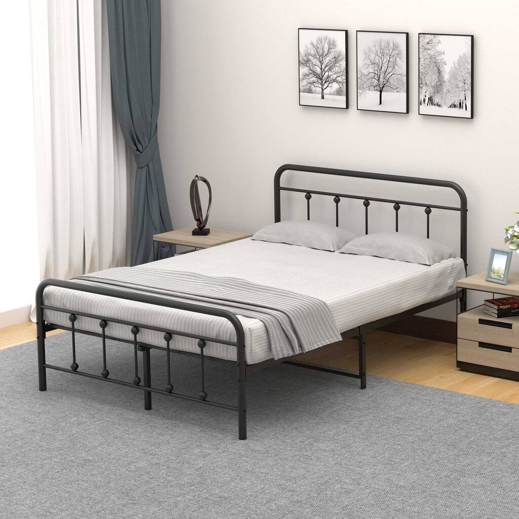 Amanda Black Platform Bed Frame with Headboard and Metal Bed Slats