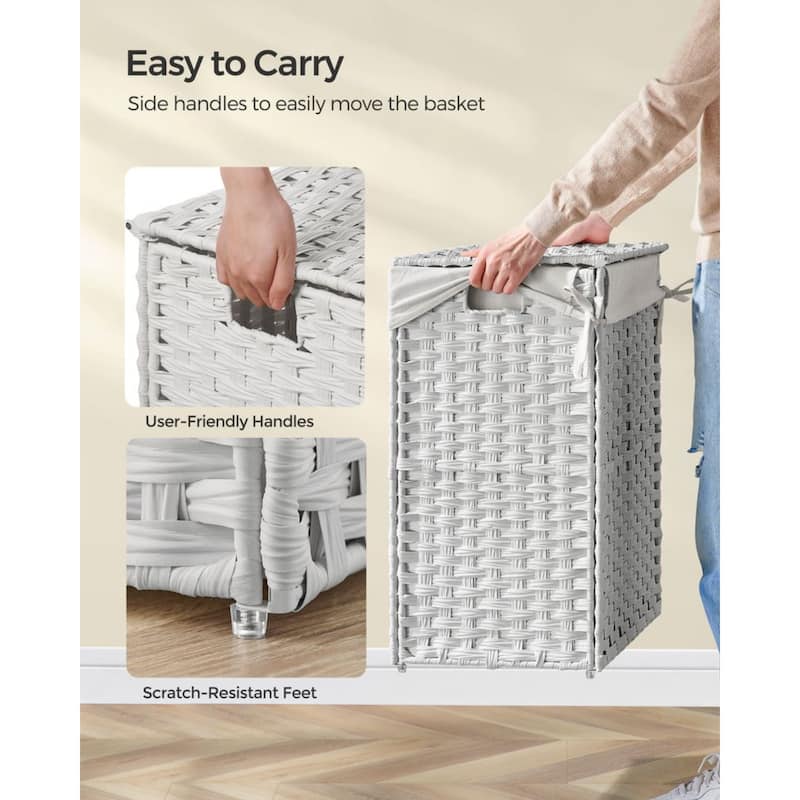 23.8Gallon White Waterproof Rattan Laundry Hamper with Lid and Removable Liner Metal Frame for Small Spaces