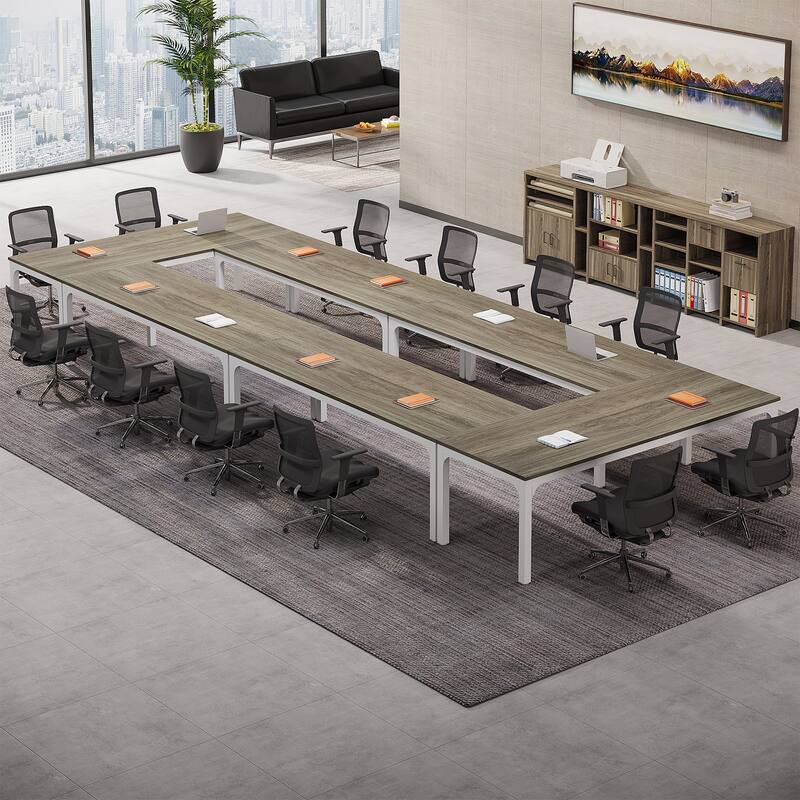 Large Conference Meeting Seminar Business Table for 18-24 Person (Set of 6) - 6PCS - Oak+White
