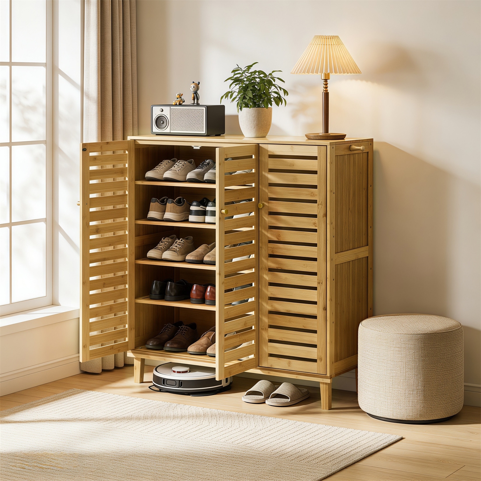 Freestanding Bamboo Shoes Rack Organizer Cabinet with Doors and Shelves