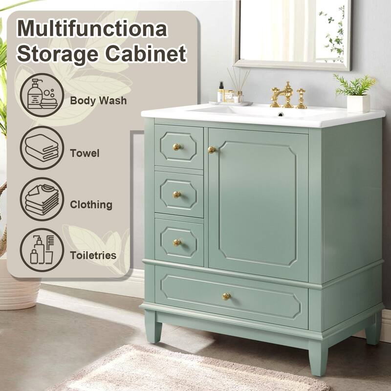 30" Bathroom Vanity with Sink,Solid Wood Frame,Painted MDF & Rubber Wood