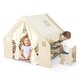 preview thumbnail 4 of 8, 6-in-1 Kids Play Tent Playhouse with Blackboard 6 Storage Bins and Floor Cushion-Beige - Natural - 57" x 38" x 45"