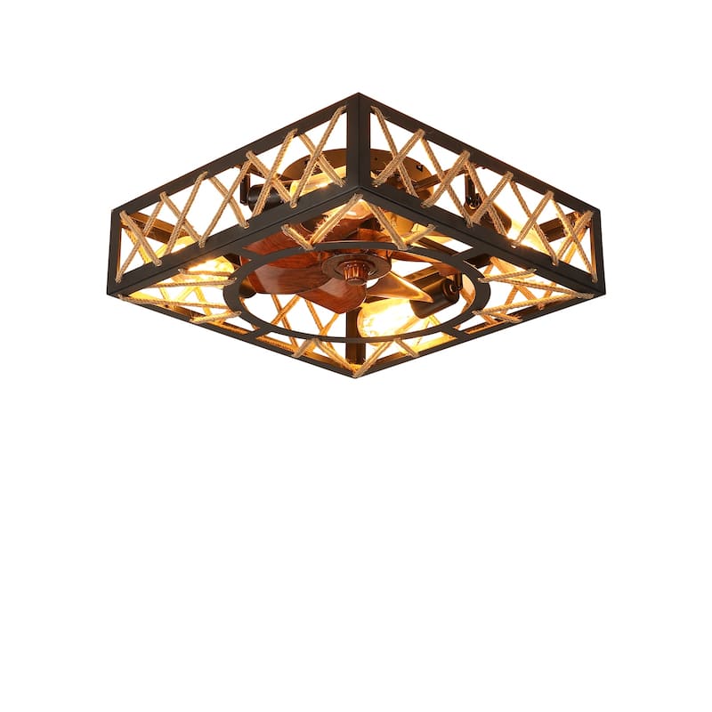 Farmhouse Rustic Ceiling Fan and Remote Control,Square Caged Industrial Ceiling Fixture with 6 Speeds & Noiseless DC Motor
