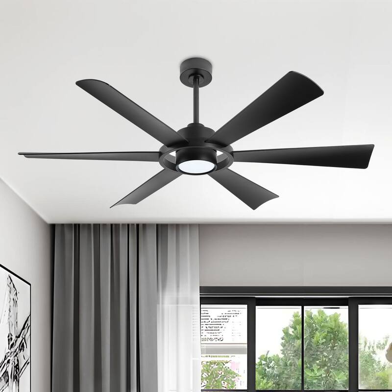 60" Large Modern 6-Blade Ceiling Fan with LED Light and Remote Control - Black