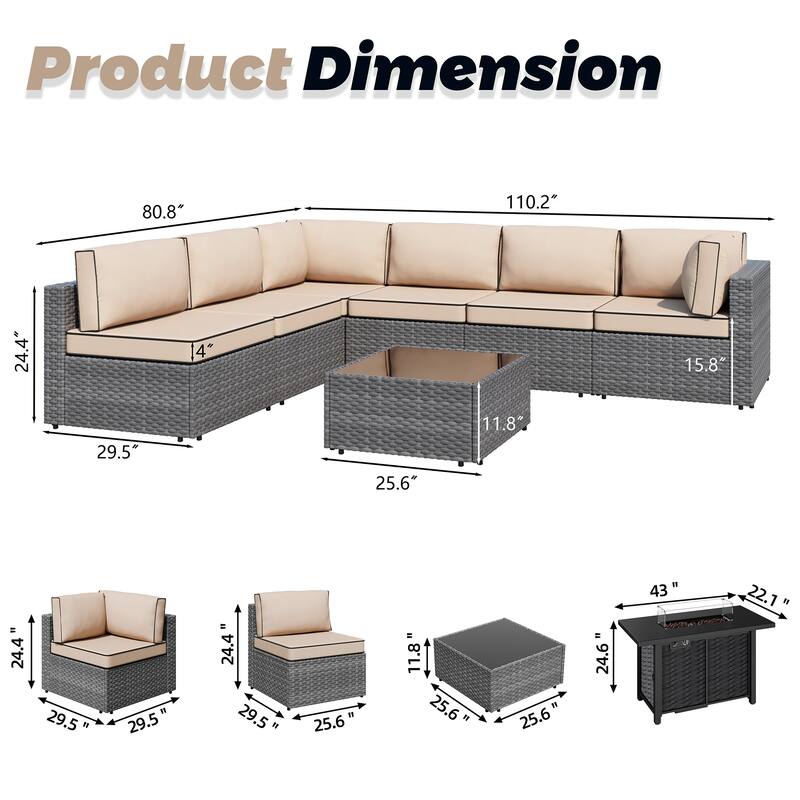 8-Piece Outdoor Patio Wicker Conversation Set with Fire Pit Table, Sectional Sofa & Cushions - N/A