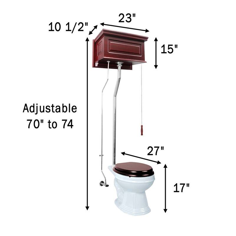 Cherry Wooden High Tank Toilet Raised Tank, Elongated White Bowl and Chrome L Pipes - White