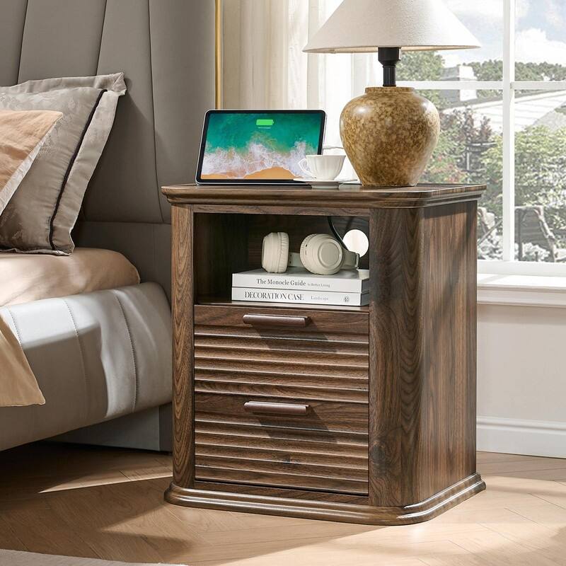 22" Fluted Nightstand with Charging Station - Modern End Table with 2 Drawers and Open Storage - Walnut